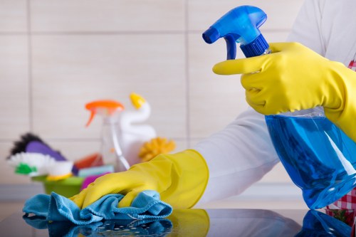 Carpet cleaning technician preparing safe equipment in a home